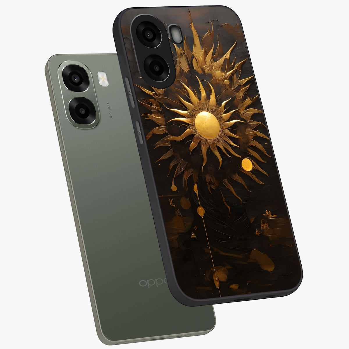 Golden Sun Majesty Glass Case displayed in angled mockup highlighting eerie shadow illustration with gothic aesthetic.