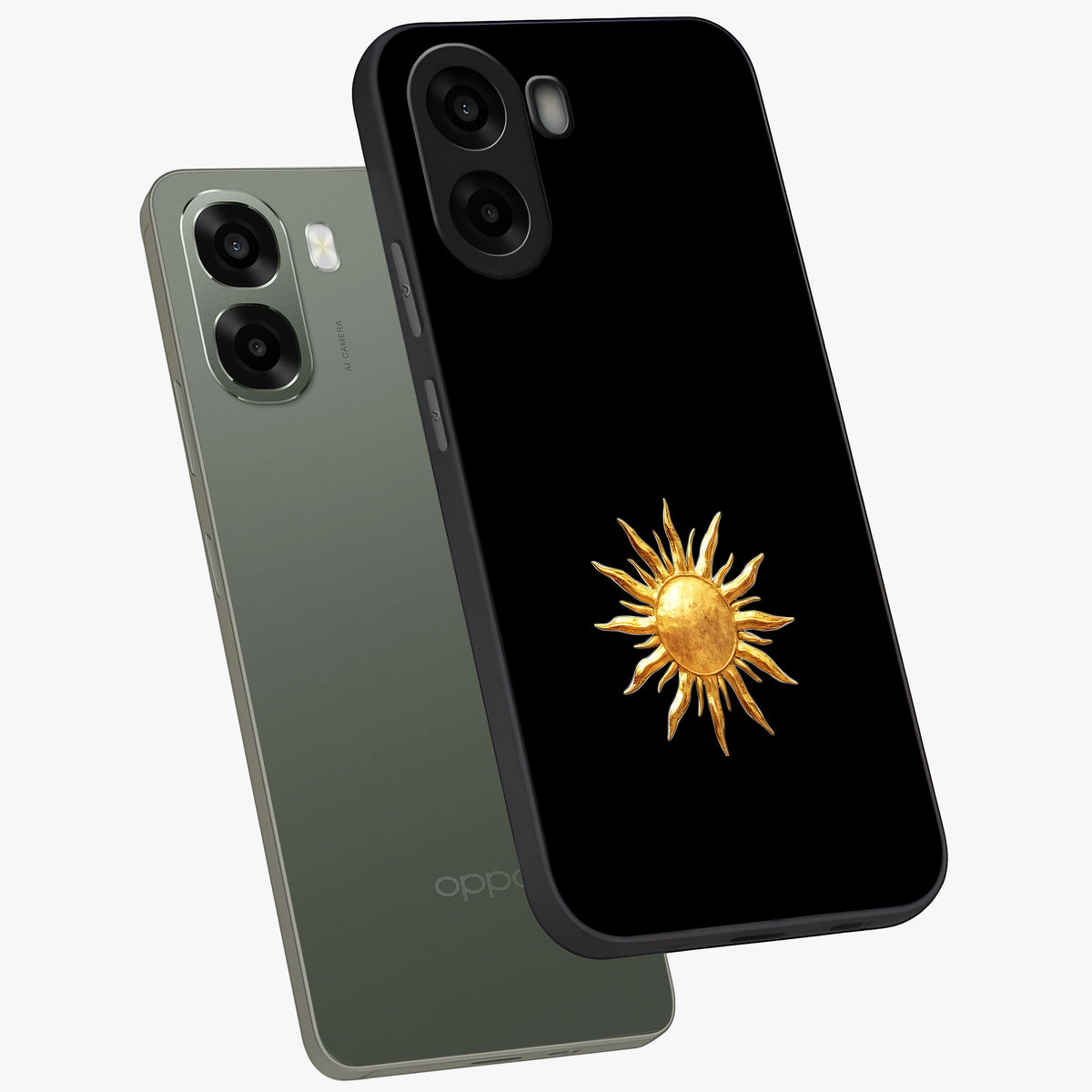 Golden Sun Minimalism Glass Case displayed in angled mockup highlighting eerie shadow illustration with gothic aesthetic.
