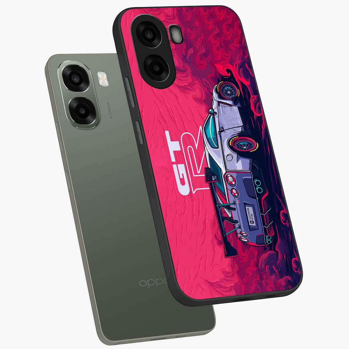 GT-R Car Pattern Glass Case displayed in angled mockup highlighting racing car graphic design with bold automotive aesthetic.