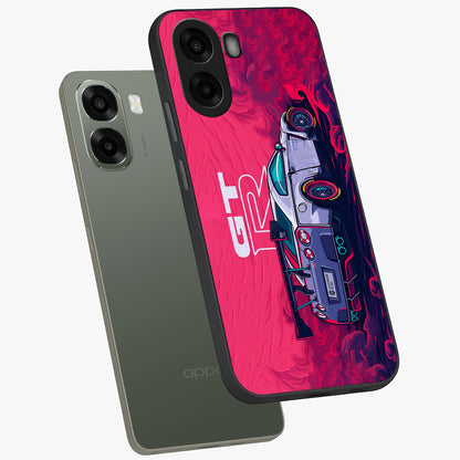 GT-R Car Pattern Glass Case displayed in angled mockup highlighting racing car graphic design with bold automotive aesthetic.