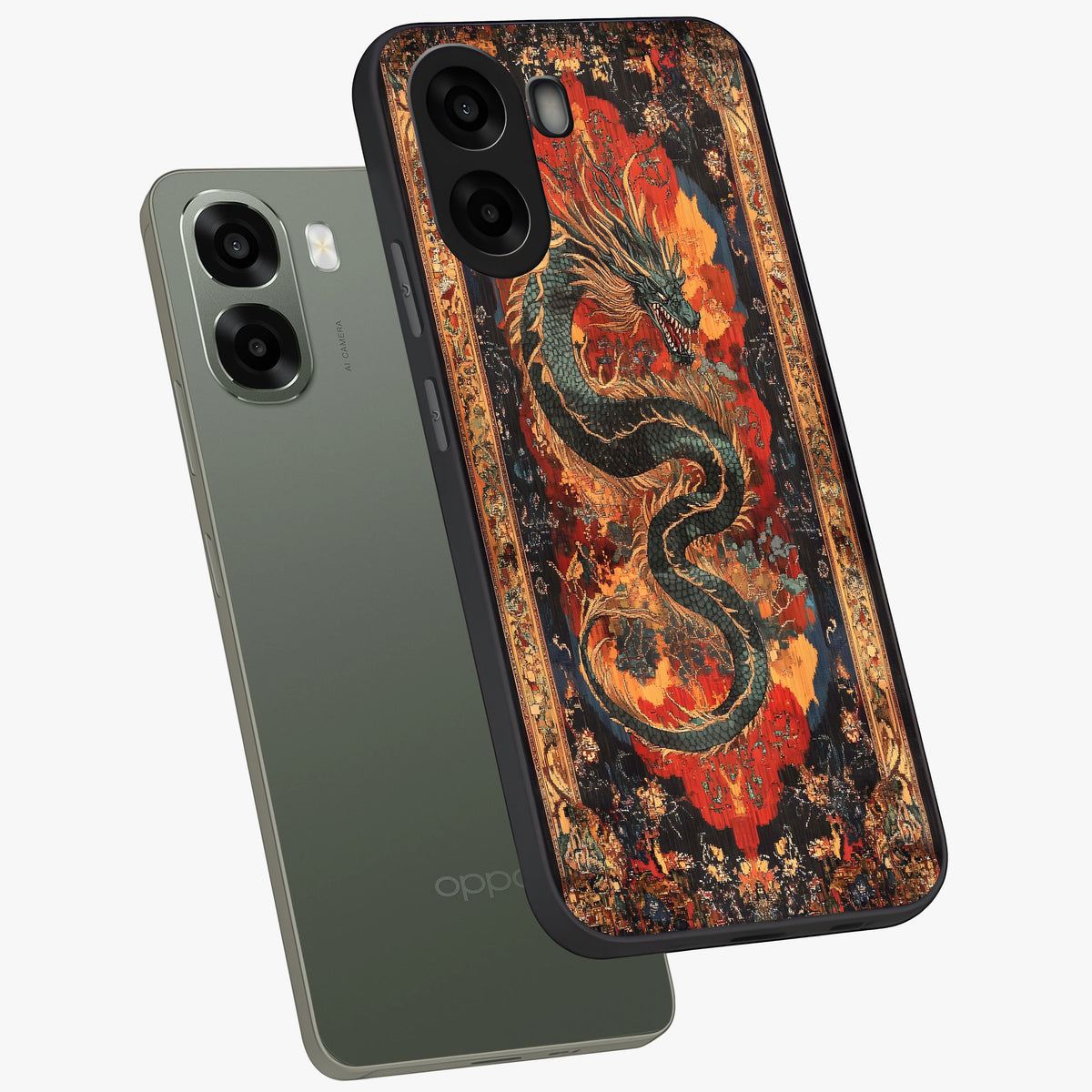Inferno Dragon Soul Glass Case displayed in angled mockup highlighting powerful dragon illustration with inferno aesthetic.