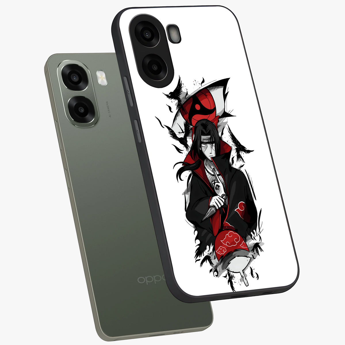 Itachi Limited Edition Naruto Anime Glass Case displayed in angled mockup highlighting dramatic anime illustration with bold action aesthetic.