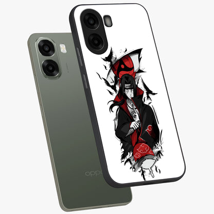 Itachi Limited Edition Naruto Anime Glass Case displayed in angled mockup highlighting dramatic anime illustration with bold action aesthetic.