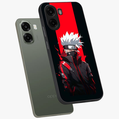 Kakashi Scarlet Shadow Glass Case displayed in angled mockup highlighting dramatic ninja illustration with scarlet themed aesthetic.