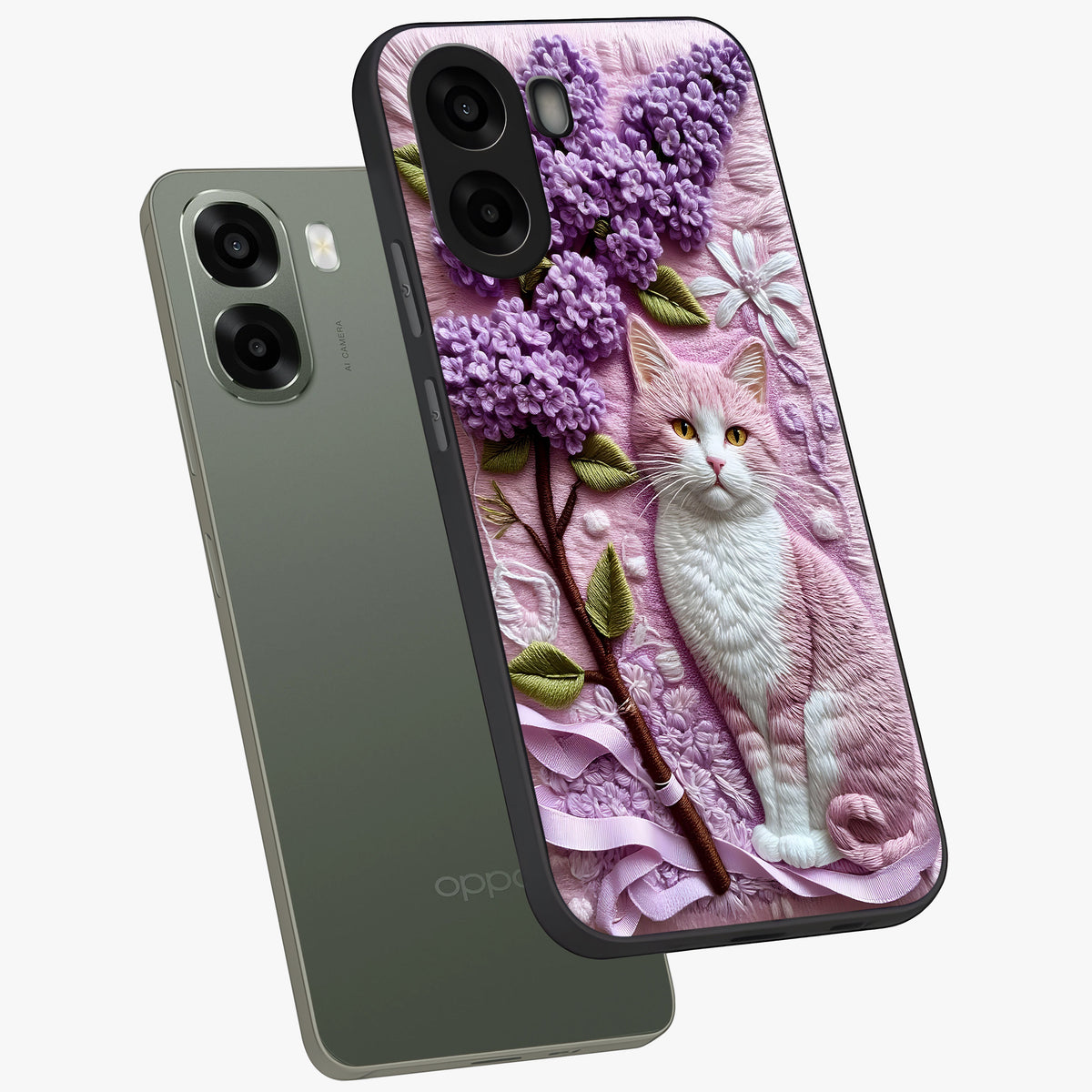 Lavender Cat Whimsy Glass Case displayed in angled mockup highlighting playful feline illustration with pastel lavender aesthetic.