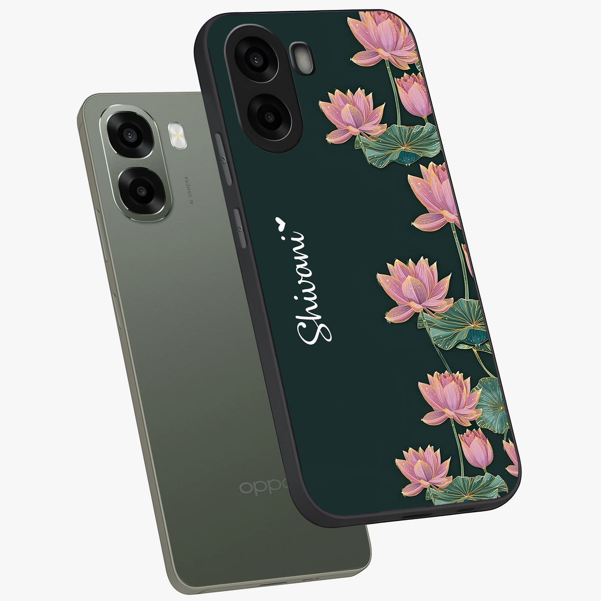 Lotus Bloom Serenity Custom Name Glass Case displayed in angled mockup highlighting graceful lotus illustration with custom name feature.