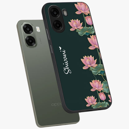 Lotus Bloom Serenity Custom Name Glass Case displayed in angled mockup highlighting graceful lotus illustration with custom name feature.