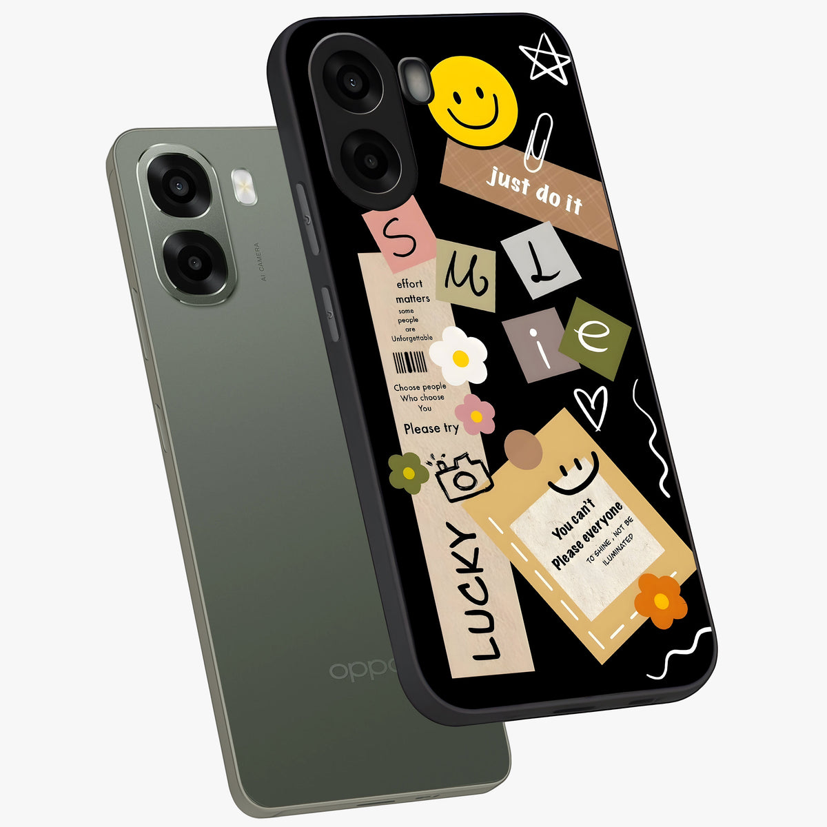 Lucky Aesthetic Collage Glass Case displayed in angled mockup highlighting stylish collage pattern with modern aesthetic vibe.