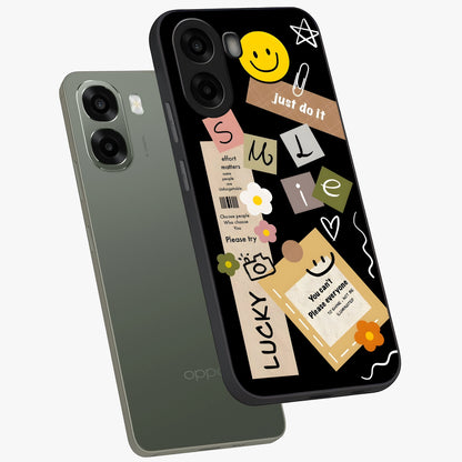 Lucky Aesthetic Collage Glass Case displayed in angled mockup highlighting stylish collage pattern with modern aesthetic vibe.