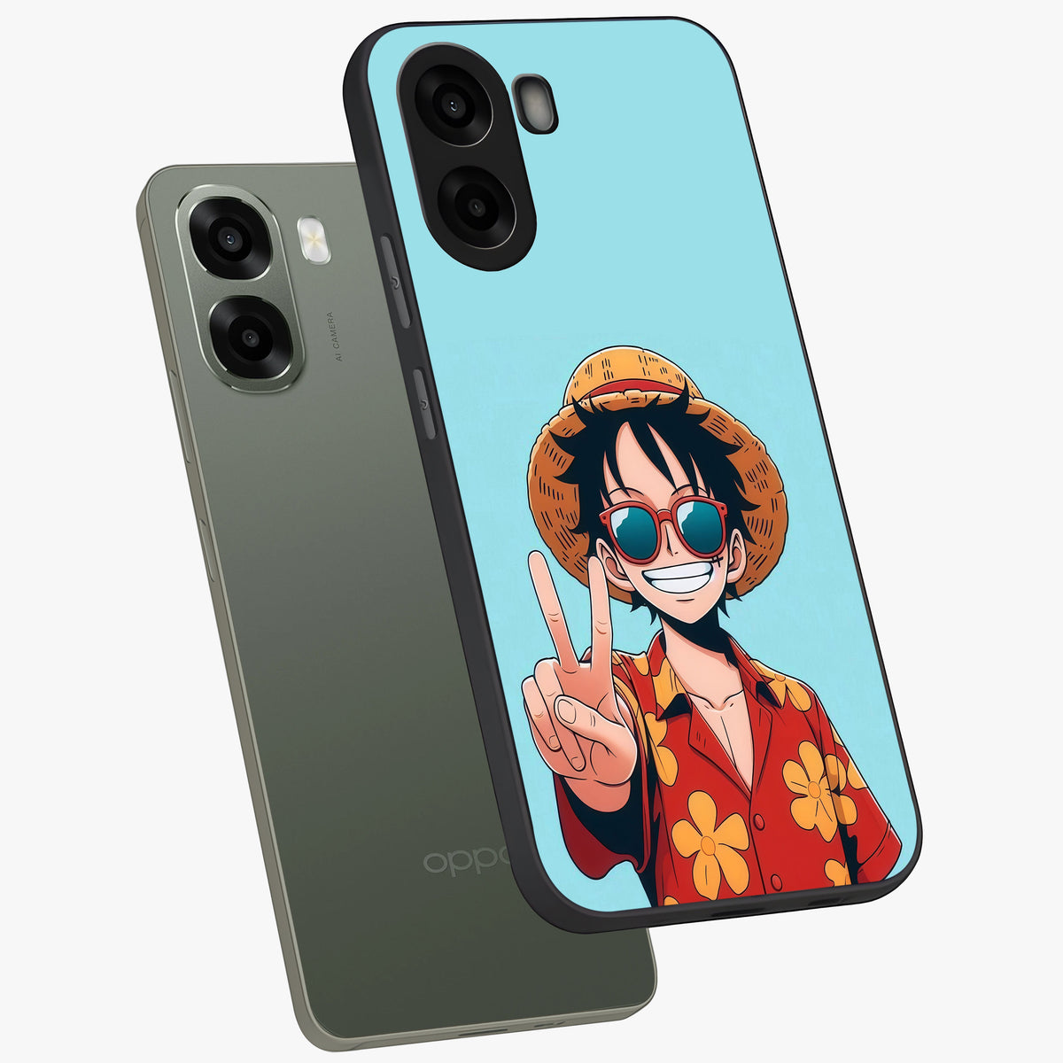 Luffy Summer Anime Vibe Glass Case displayed in angled mockup highlighting energetic anime illustration with summer vibe aesthetic.