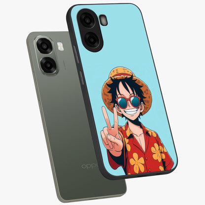 Luffy Summer Anime Vibe Glass Case displayed in angled mockup highlighting energetic anime illustration with summer vibe aesthetic.