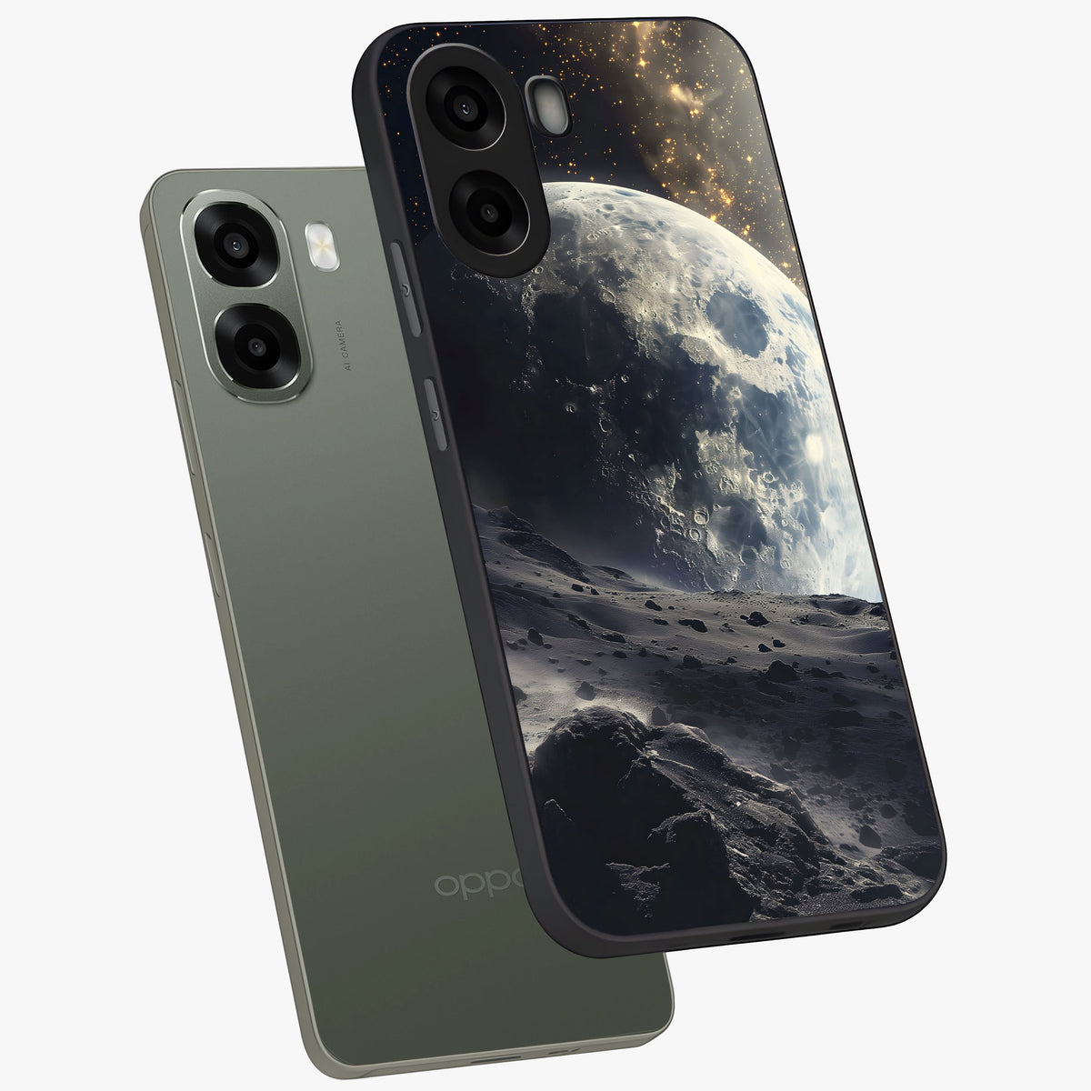 Lunar Horizon Glow Glass Case displayed in angled mockup highlighting celestial moon design with dreamy night aesthetic.