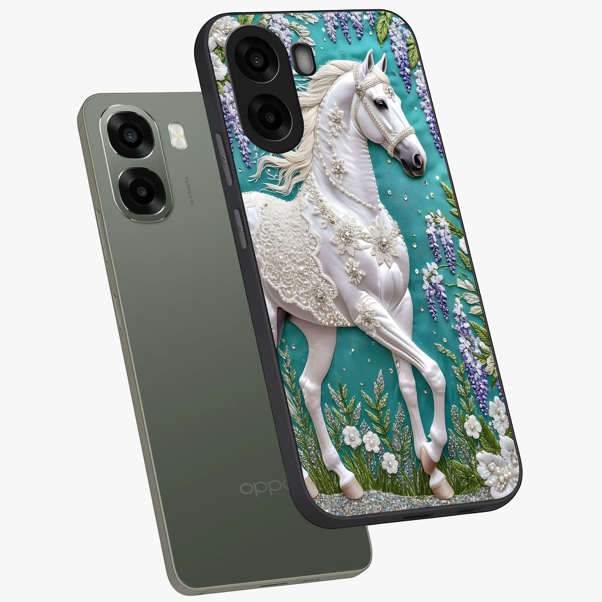 Majestic Floral Stallion Glass Case displayed in angled mockup highlighting majestic stallion illustration with elegant floral aesthetic.