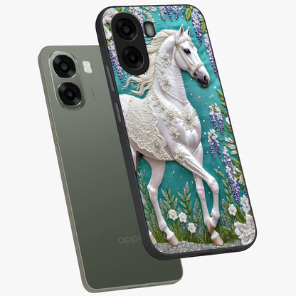 Majestic Floral Stallion Glass Case displayed in angled mockup highlighting majestic stallion illustration with elegant floral aesthetic.