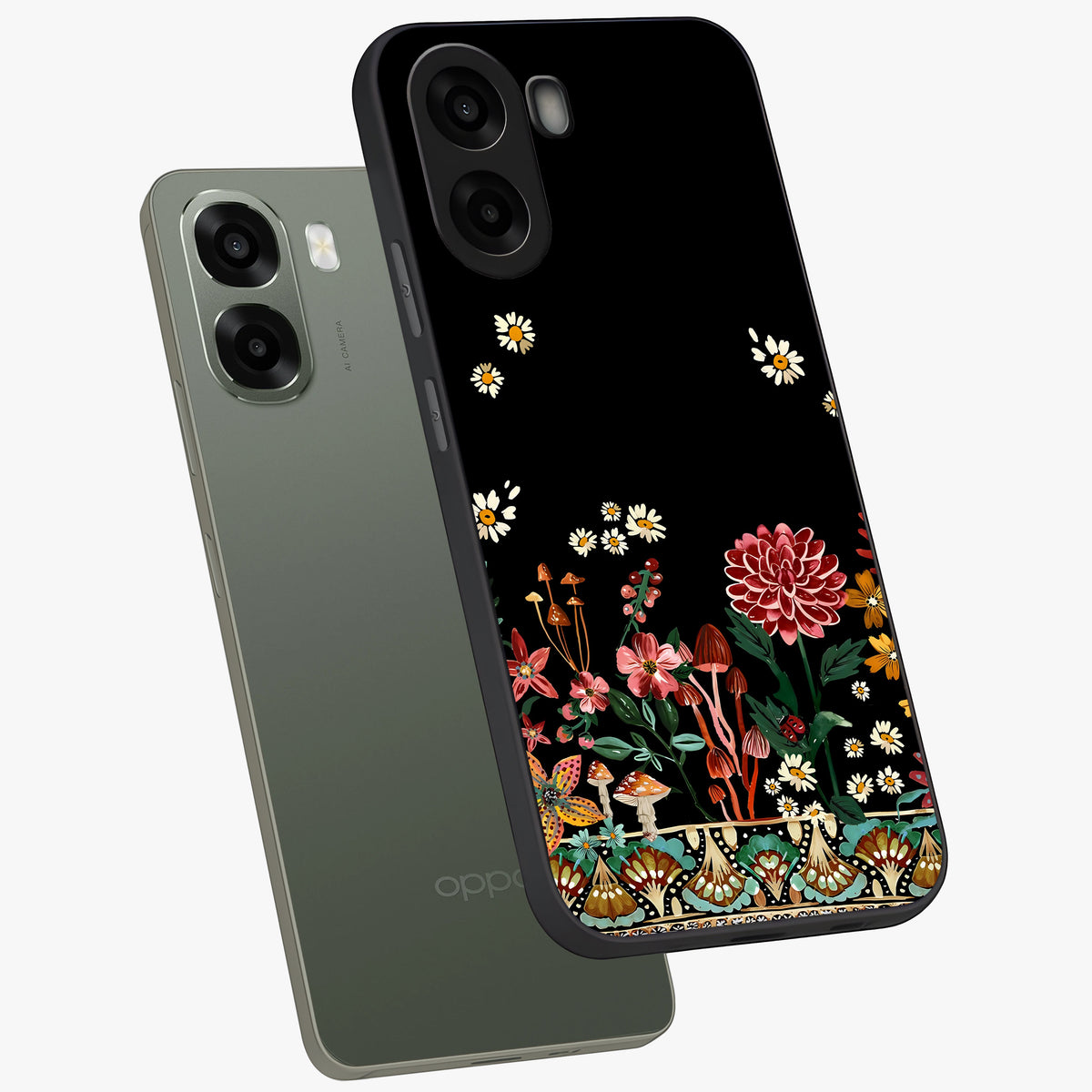 Midnight Bloom Pattern Glass Case displayed in angled mockup highlighting elegant flower design with midnight aesthetic style.
