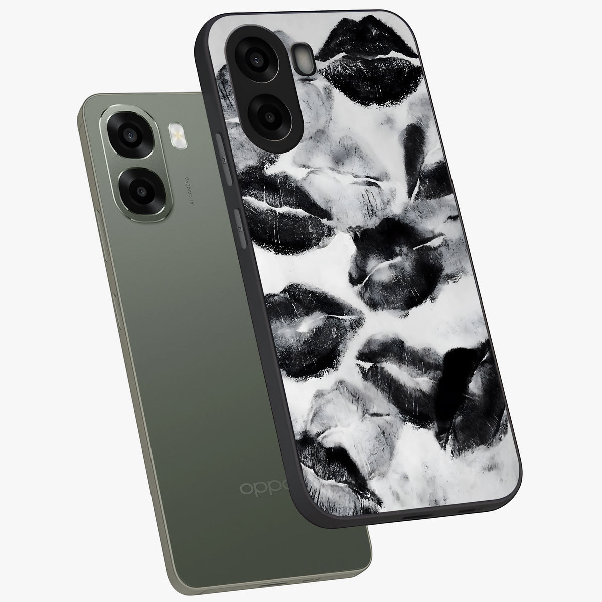 Midnight Kiss Marks Glass Case displayed in angled mockup highlighting playful romantic design with bold midnight aesthetic.