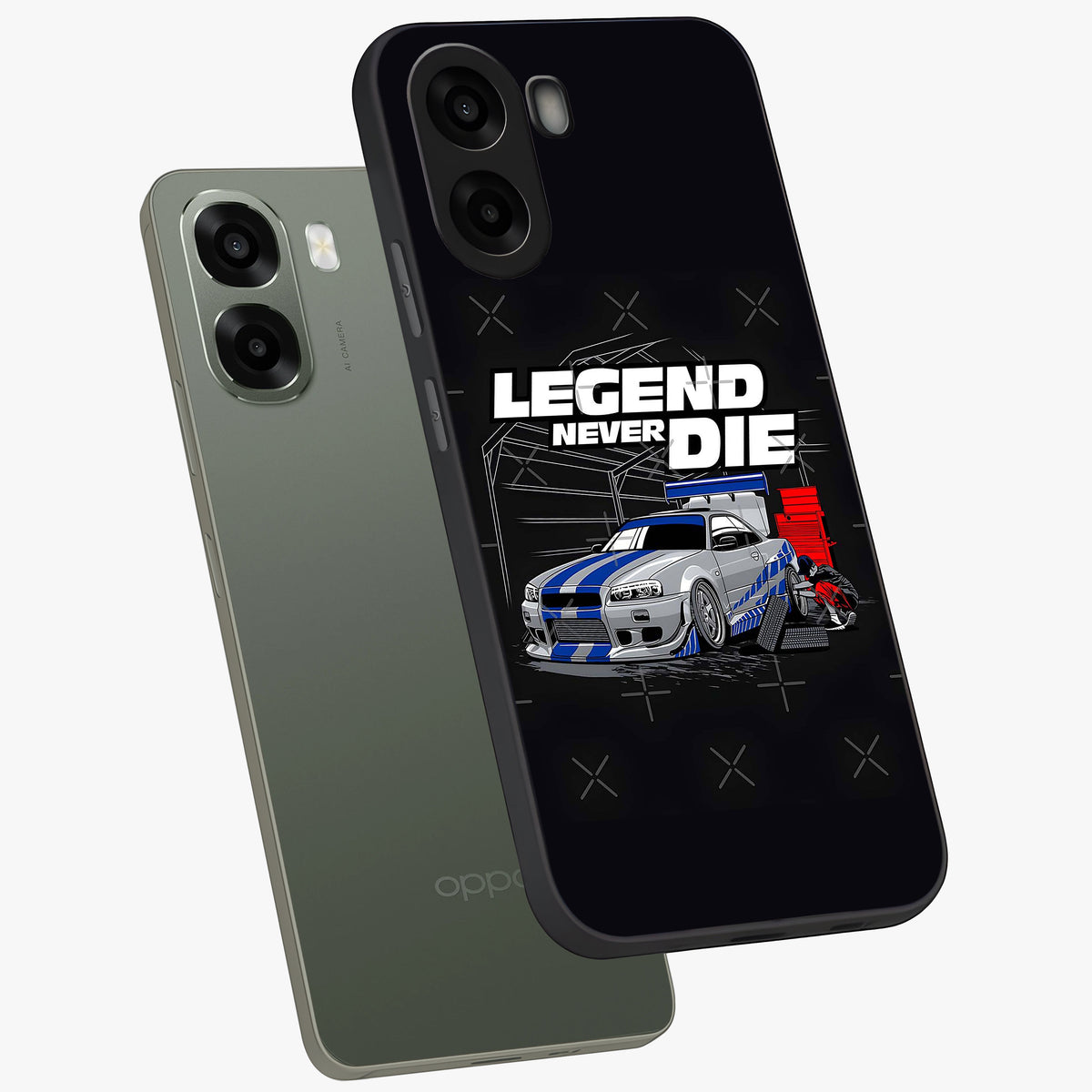 Midnight Racing Legacy Glass Case displayed in angled mockup highlighting dynamic automotive design with bold midnight aesthetic.
