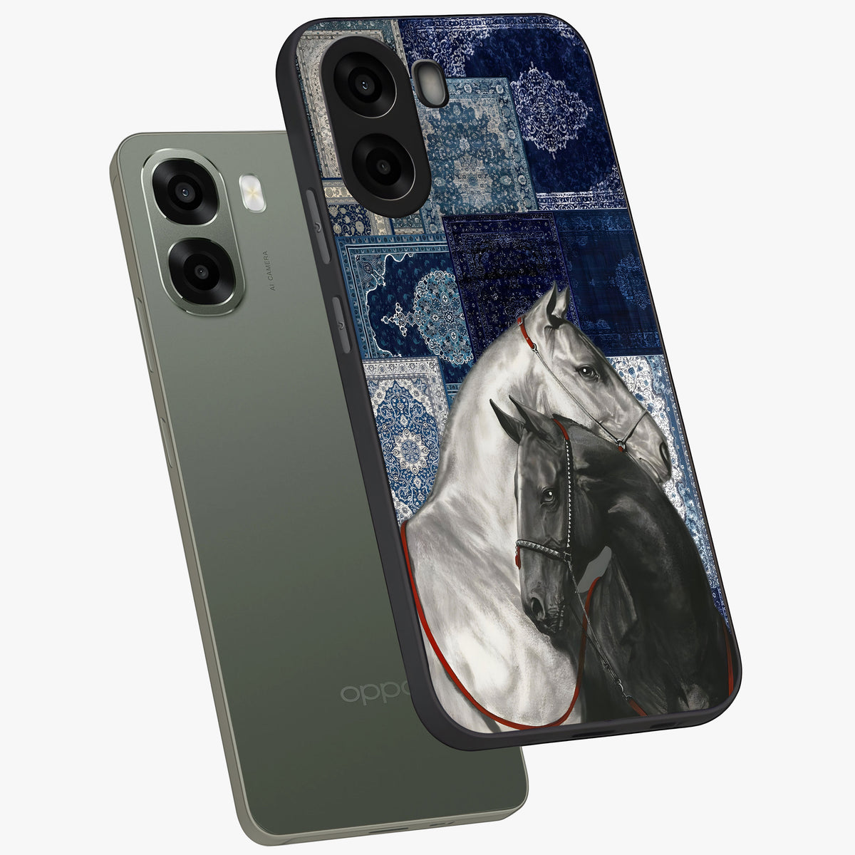 Midnight Stallion Blues Glass Case displayed in angled mockup highlighting powerful stallion illustration with deep midnight tones.