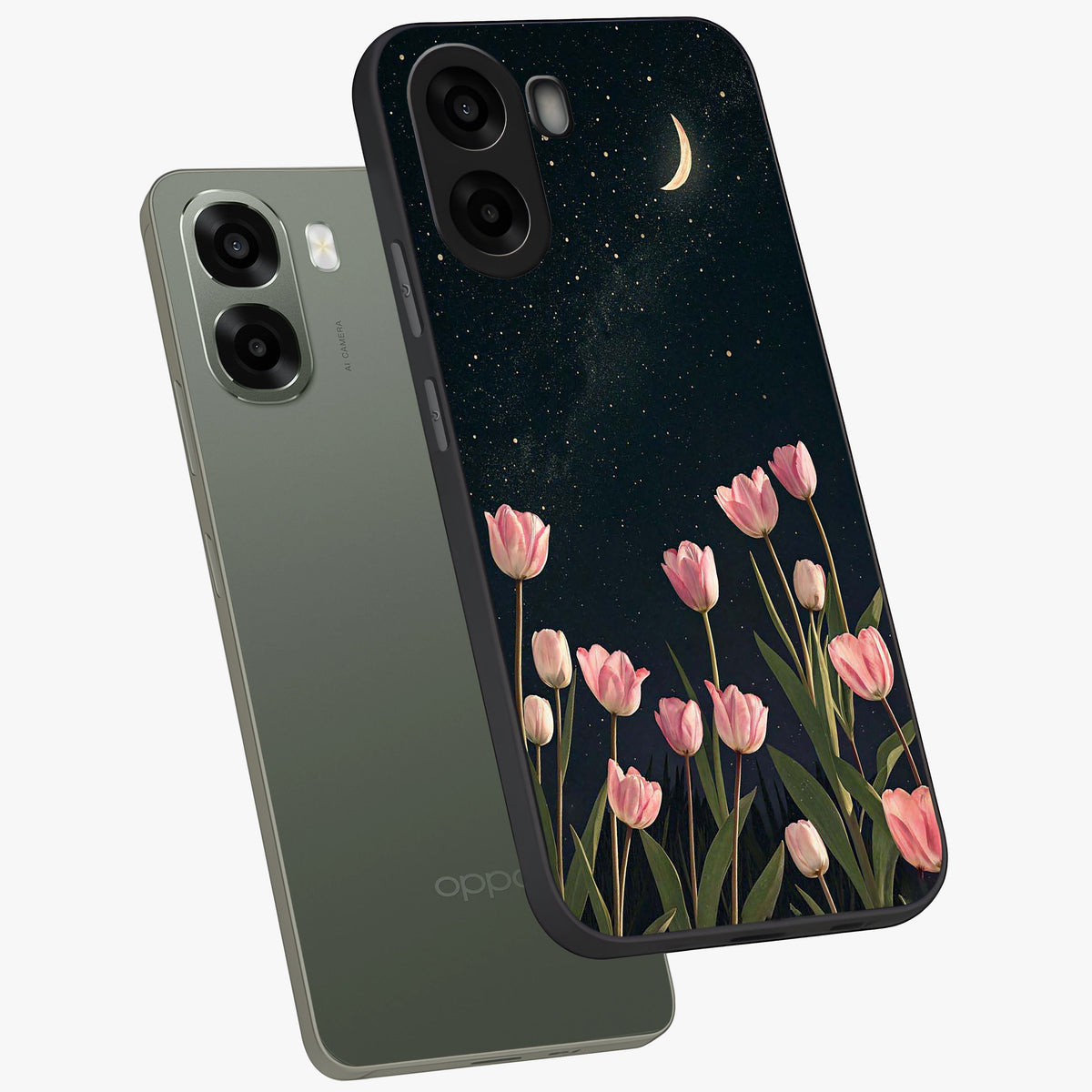 Midnight Tulip Whispers Vibe Glass Case displayed in angled mockup highlighting delicate tulip design with midnight floral aesthetic.