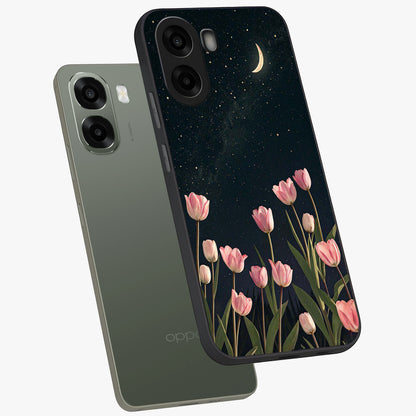 Midnight Tulip Whispers Vibe Glass Case displayed in angled mockup highlighting delicate tulip design with midnight floral aesthetic.