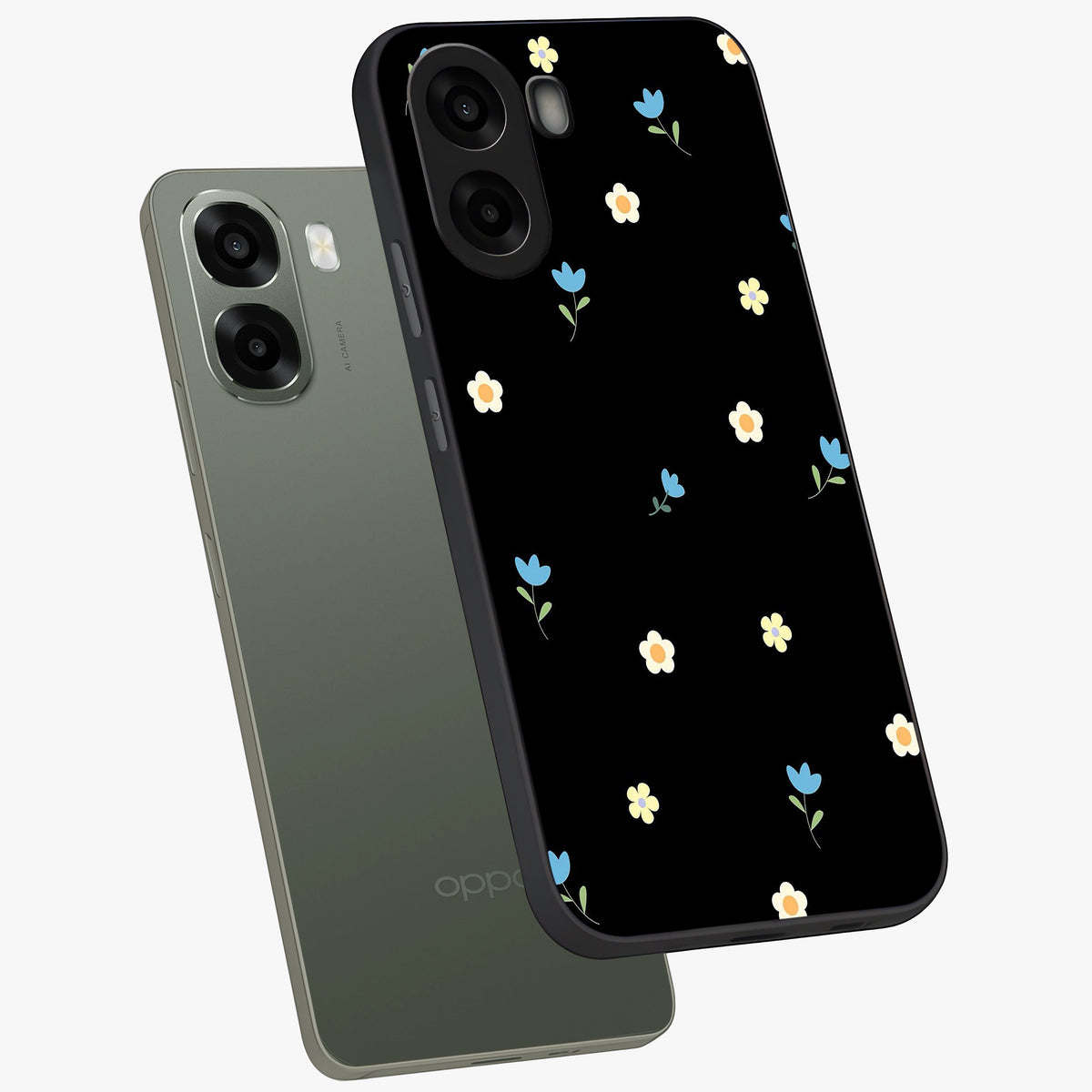 Minimal Petal Whispers Glass Case displayed in angled mockup highlighting delicate petal design with clean minimal aesthetic.