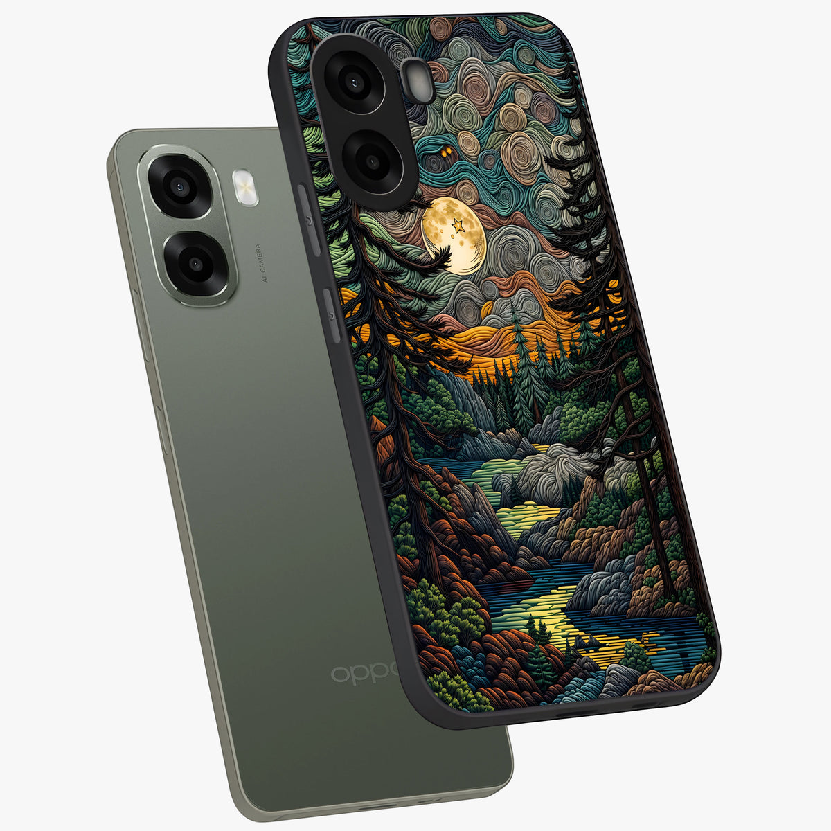 Moonlight Forest Dream Glass Case displayed in angled mockup highlighting dreamy forest design with glowing moon aesthetic.