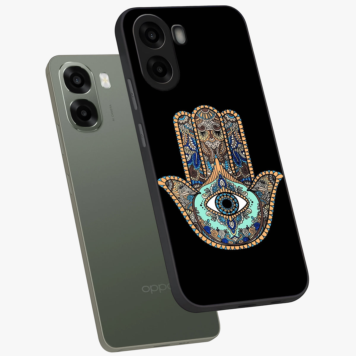 Mystic Hamsa Eye Glass Case displayed in angled mockup highlighting spiritual hamsa symbol with mystical aesthetic style.