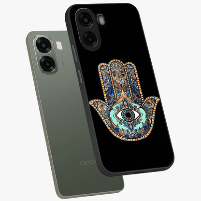 Mystic Hamsa Eye Glass Case displayed in angled mockup highlighting spiritual hamsa symbol with mystical aesthetic style.