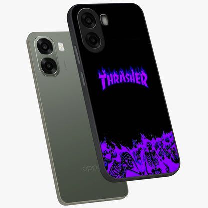 Neon Flame Riot Glass Case displayed in angled mockup highlighting glowing flame design with vibrant neon aesthetic.
