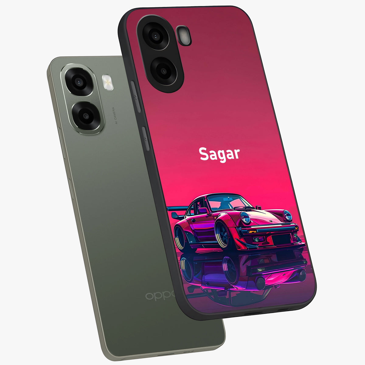 Neon Pink Porsche Glass Case displayed in angled mockup highlighting sleek neon pink car design with racing aesthetic.
