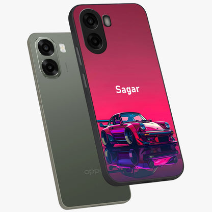 Neon Pink Porsche Glass Case displayed in angled mockup highlighting sleek neon pink car design with racing aesthetic.