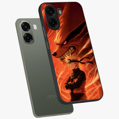 Nine Tails Legacy Glass Case displayed in angled mockup highlighting dynamic anime beast illustration with bold mystical aesthetic.