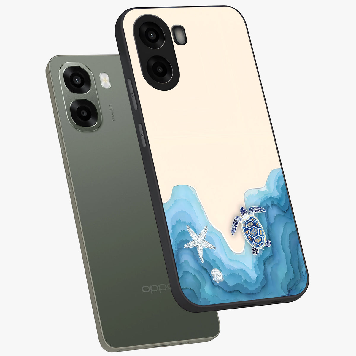 Ocean Drift Turtle Glass Case displayed in angled mockup highlighting peaceful ocean turtle illustration with marine aesthetic.