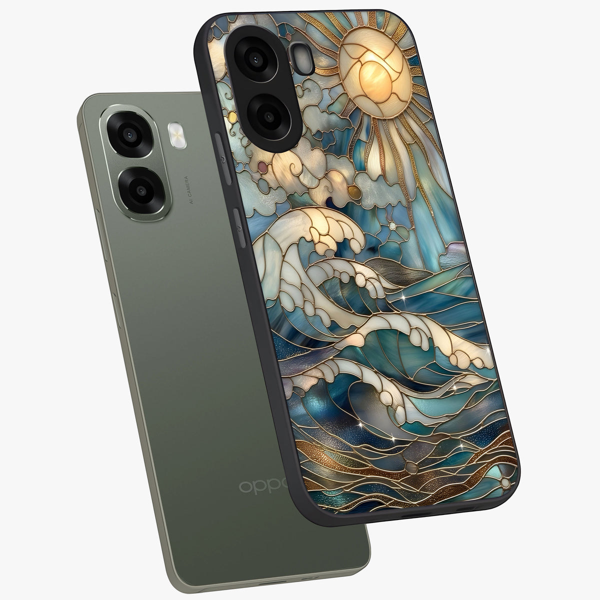 Oceanic Stained Printed Glass Case displayed in angled mockup highlighting colorful aquatic design with artistic aesthetic style.