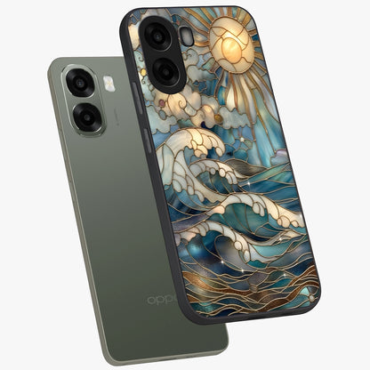 Oceanic Stained Printed Glass Case displayed in angled mockup highlighting colorful aquatic design with artistic aesthetic style.
