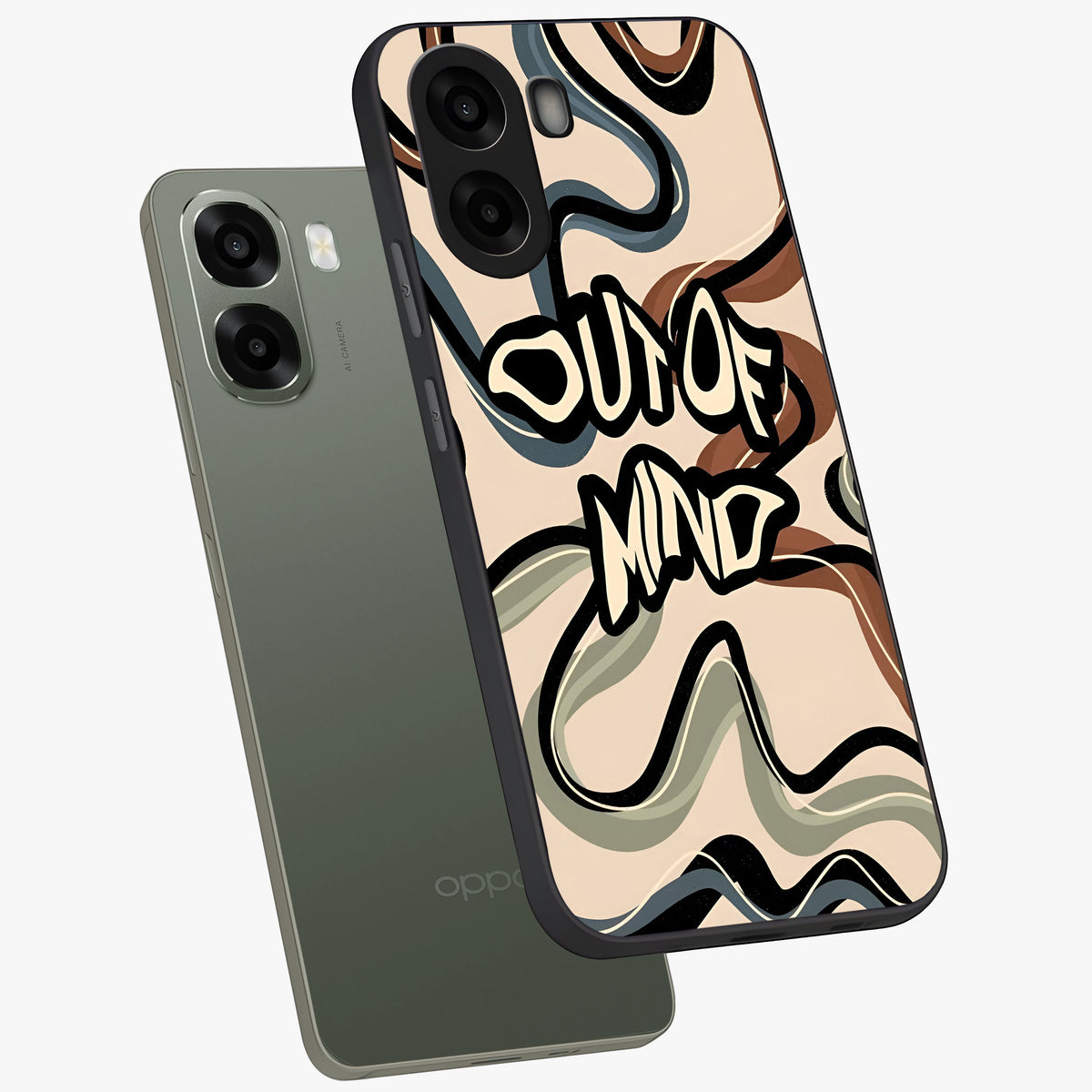 Out Of Mind Glass Case displayed in angled mockup highlighting bold statement design with modern artistic aesthetic.
