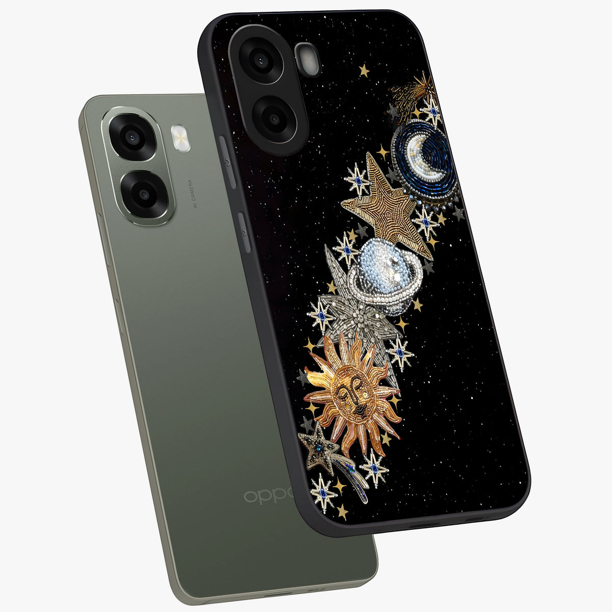 Pearls Universe Object Glass Case displayed in angled mockup highlighting celestial pearl design with dreamy aesthetic.