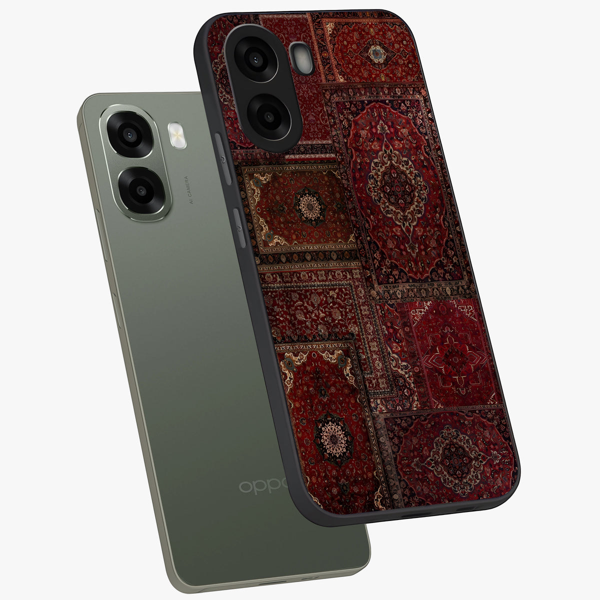 Persian Velvet Tale Glass Case displayed in angled mockup highlighting ornate textile inspired design with royal aesthetic.