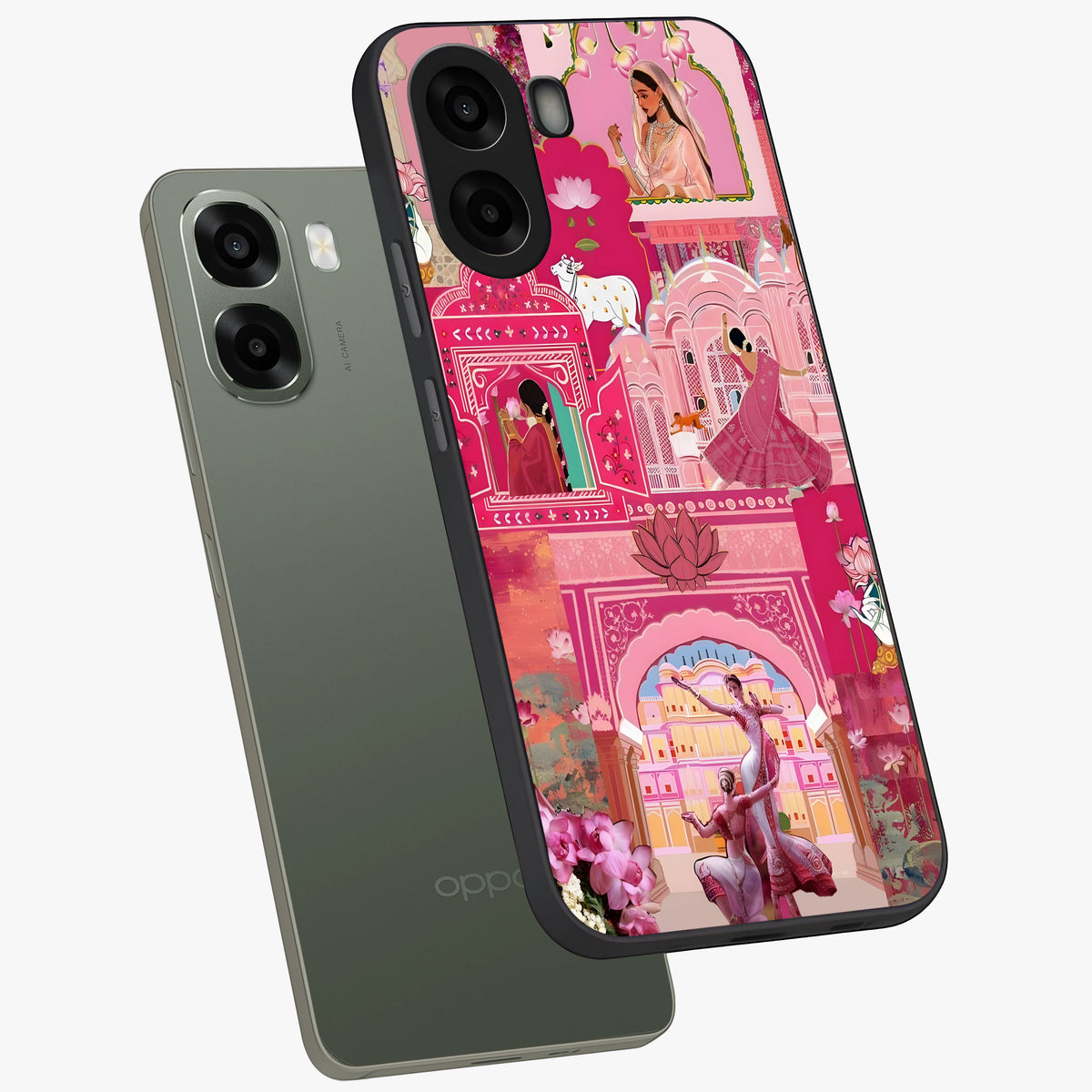Pink Palace Muse Glass Case displayed in angled mockup highlighting dreamy palace illustration with soft pink aesthetic.