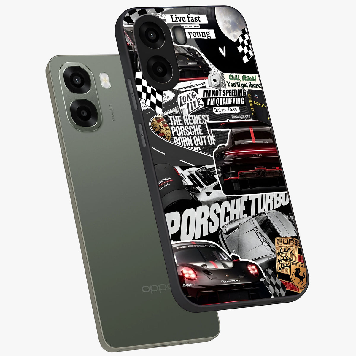 Porsche Racing Collage Glass Case displayed in angled mockup highlighting dynamic automotive design with bold racing aesthetic.
