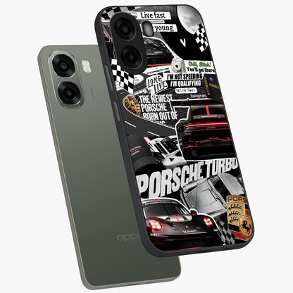 Porsche Racing Collage Glass Case displayed in angled mockup highlighting dynamic automotive design with bold racing aesthetic.