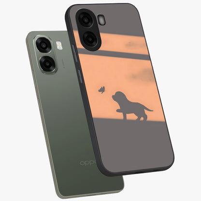 Puppy Shadow Art Glass Case displayed in angled mockup highlighting playful dog illustration with artistic shadow aesthetic.