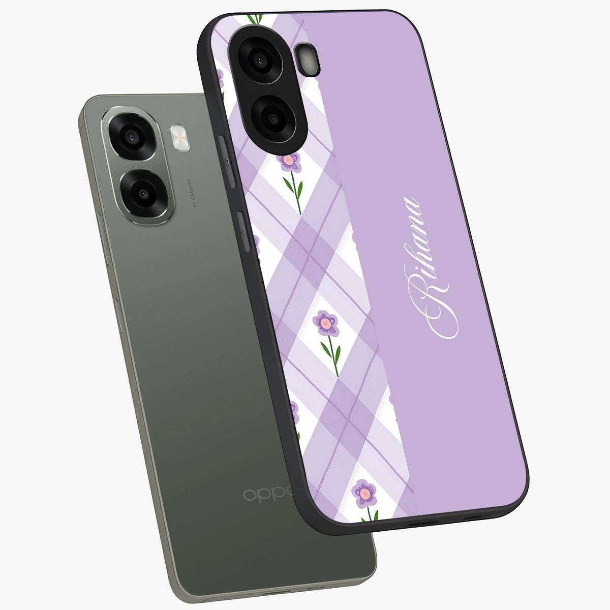 Purple Diamond Floral Glass Case displayed in angled mockup highlighting elegant purple flower design with decorative pattern.