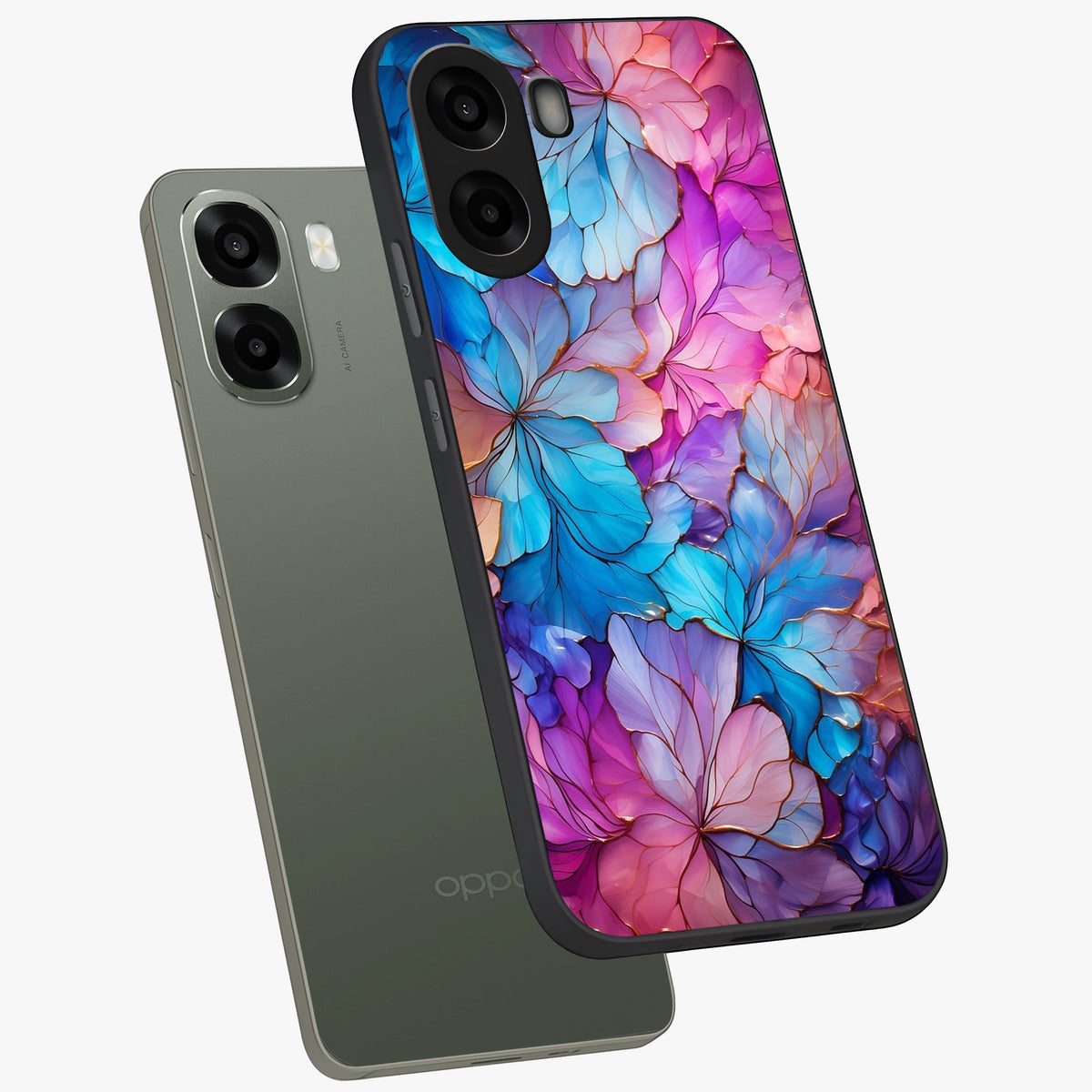 Radiant Floral Whirl Glass Case displayed in angled mockup highlighting vibrant flower pattern with dynamic artistic aesthetic.