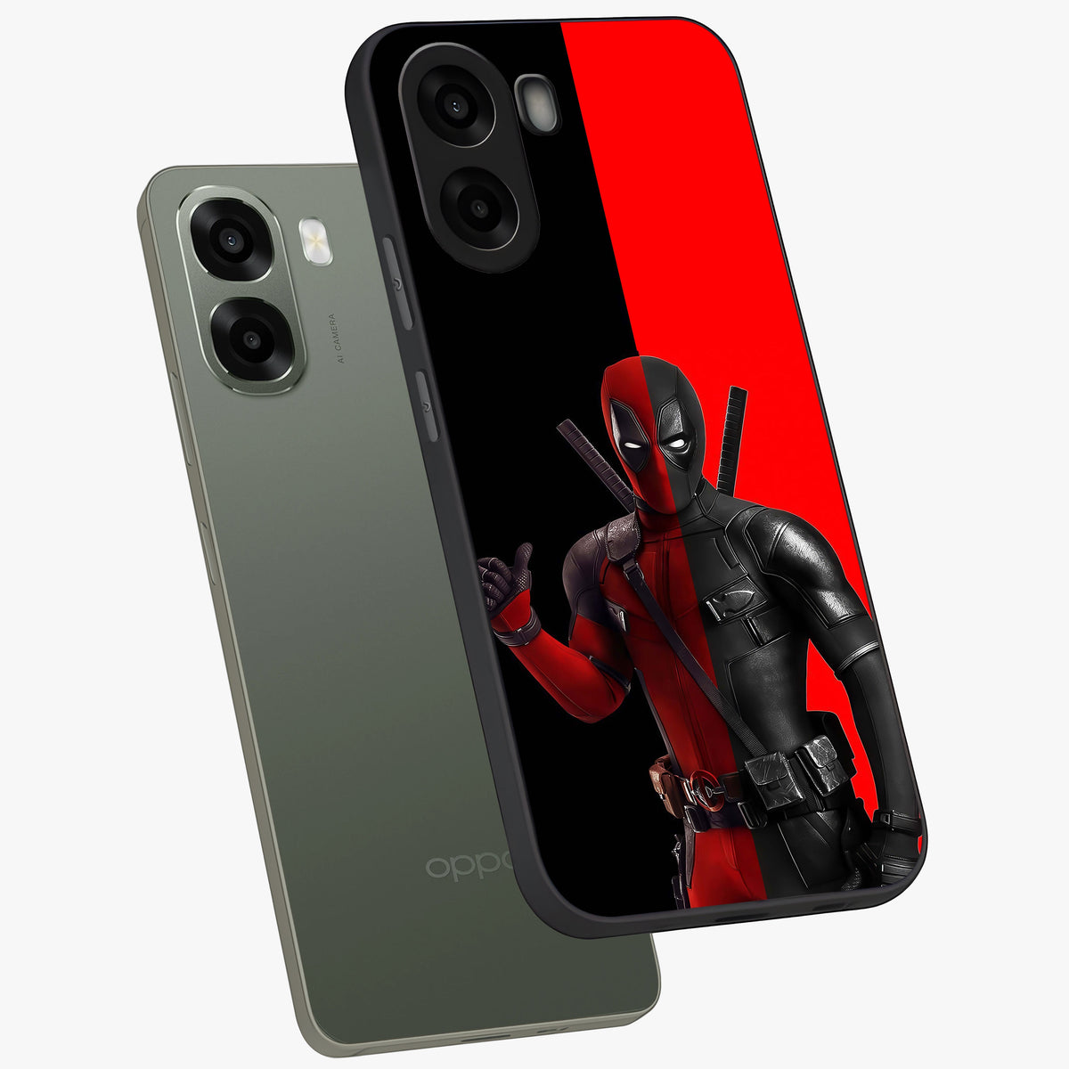 Red & Black Deadpool Theme Glass Case displayed in angled mockup highlighting vibrant superhero style illustration with action aesthetic.