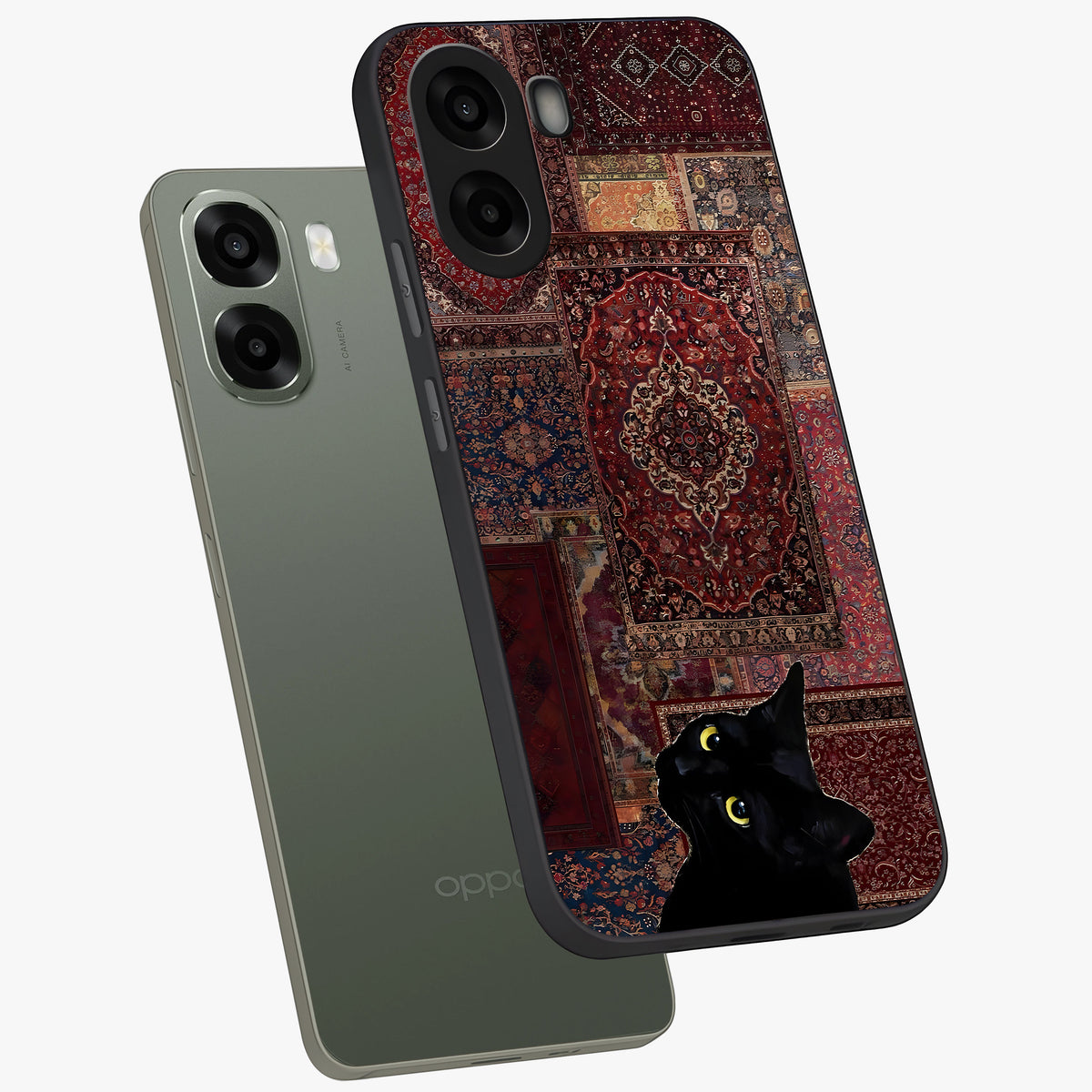 Regal Magic Cat Apple Glass Case displayed in angled mockup highlighting whimsical feline design with fantasy aesthetic.