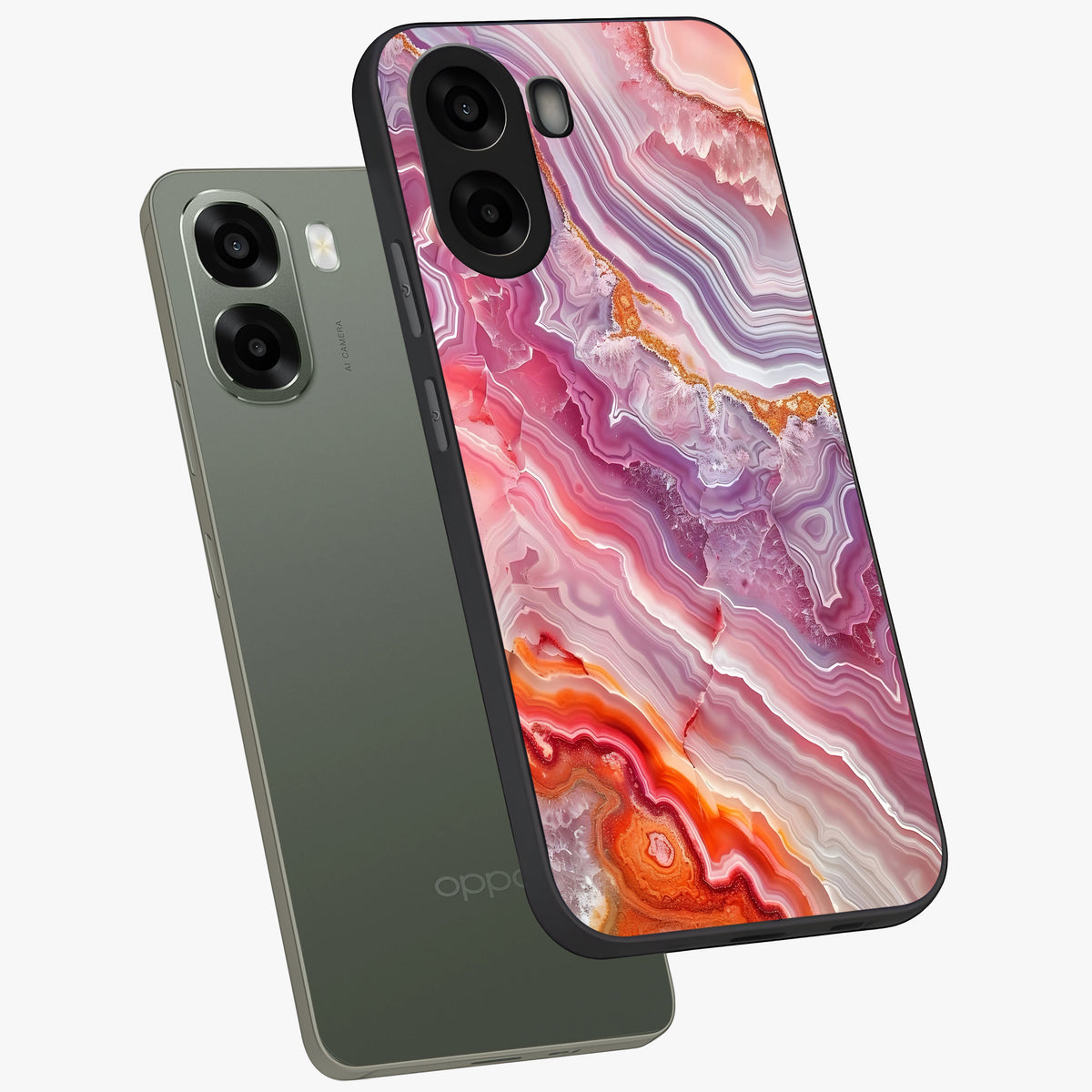 Rose Quartz Marble Glass Case displayed in angled mockup highlighting elegant marble pattern with soft aesthetic style.