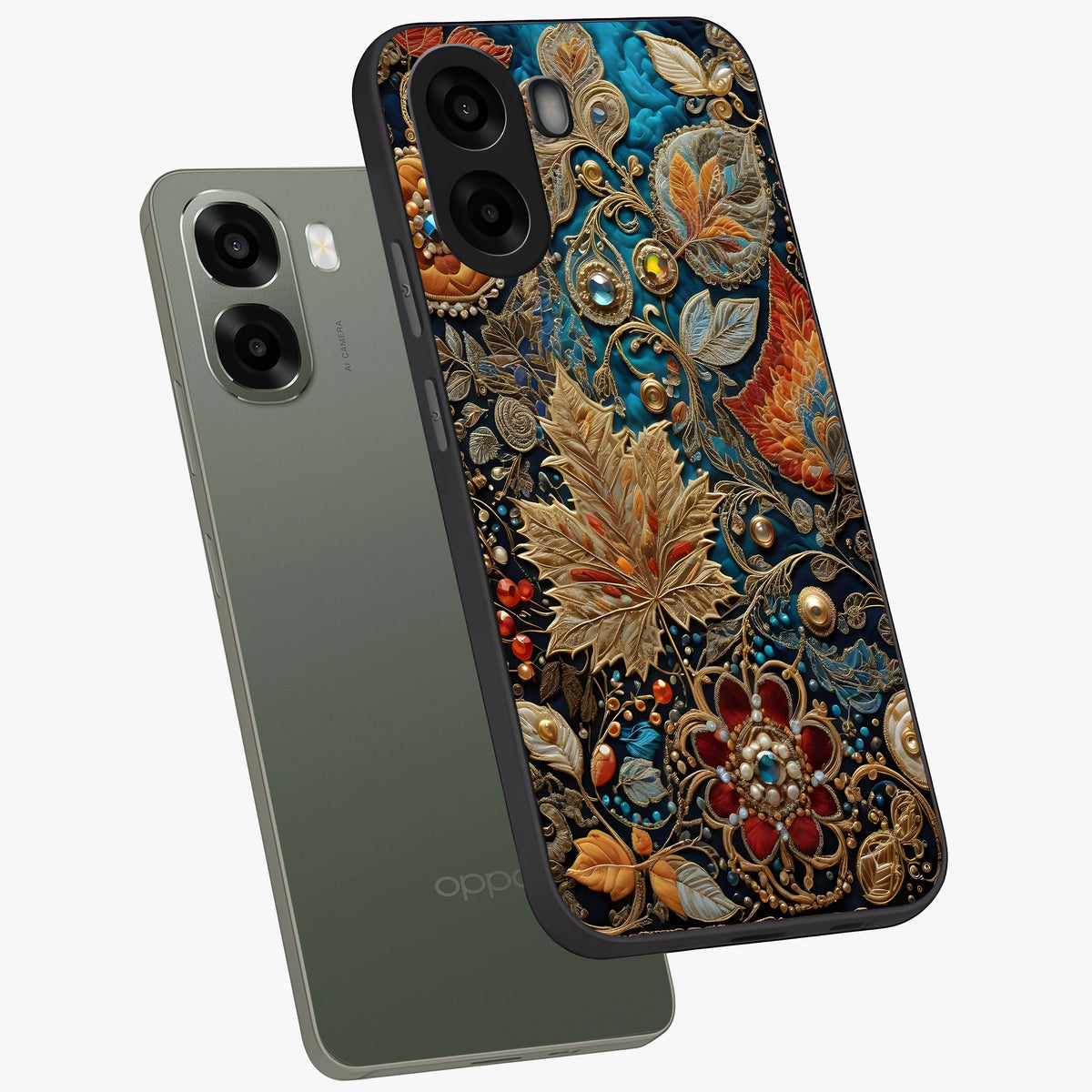 Royal Jewel Garden Glass Case displayed in angled mockup highlighting vibrant jewel inspired floral design with elegant aesthetic.
