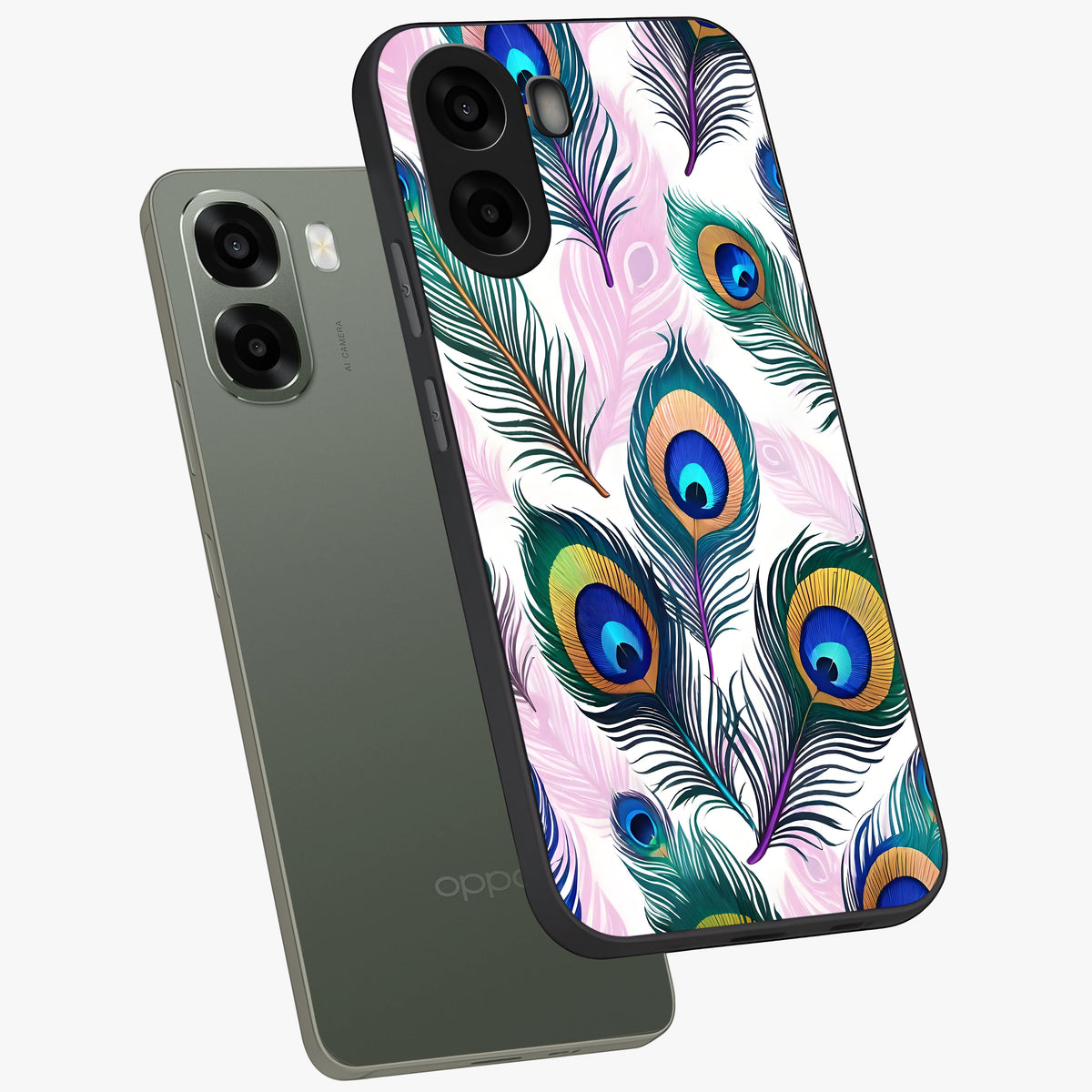 Royal Peacock Feathers Glass Case displayed in angled mockup highlighting vibrant feather pattern with regal aesthetic style.