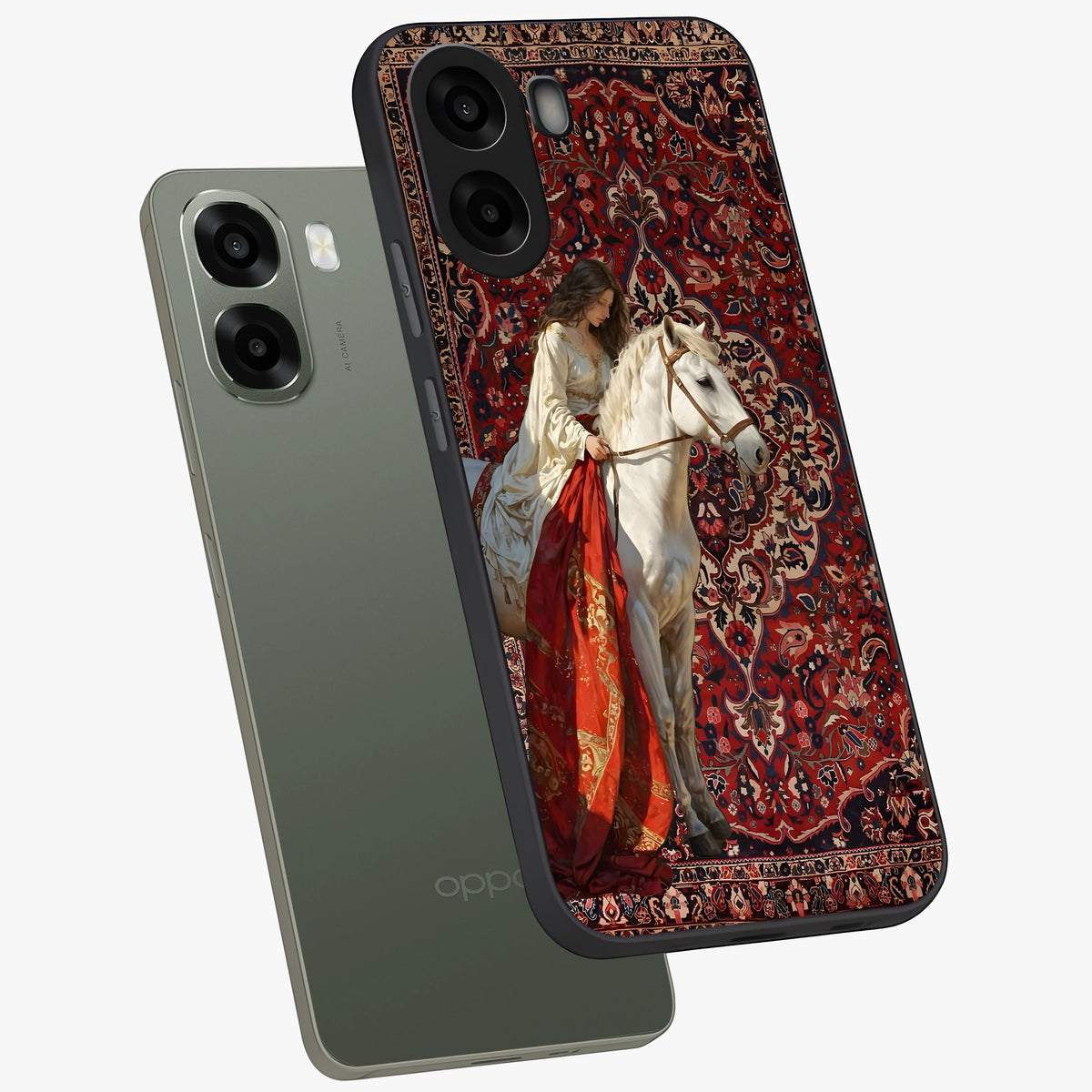 Royal Rider Tapestry Glass Case displayed in angled mockup highlighting traditional tapestry design with royal heritage aesthetic.